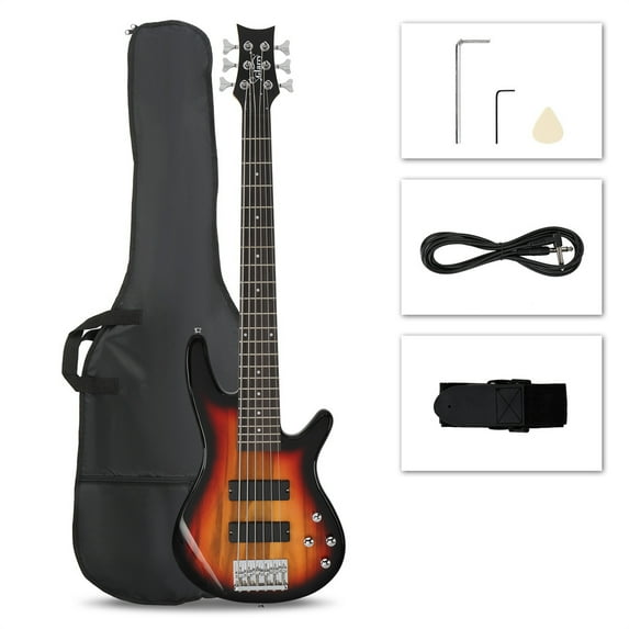 Glarry 6 Strings GIB H-H Pickup Electric Bass Guitar, Full Size Electric Bass Guitar with Connector and Pick, Bag, Strap and Wrench Tool, Sunset Color
