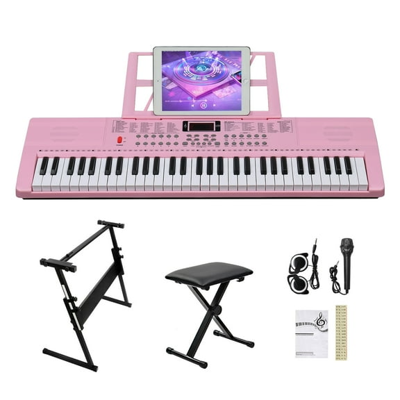 Glarry 61 Keys Keyboard Piano with Stand, Bench, Built In Speakers for Beginners, Pink