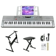 Glarry 61 Keys Keyboard Piano with Stand, Bench, Built In Speakers for Beginners, Sliver