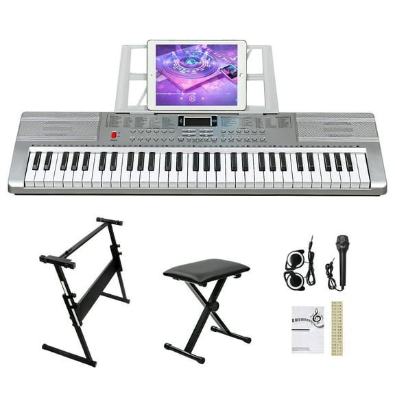 Glarry 61 Keys Keyboard Piano with Stand, Bench, Built In Speakers for Beginners, Sliver