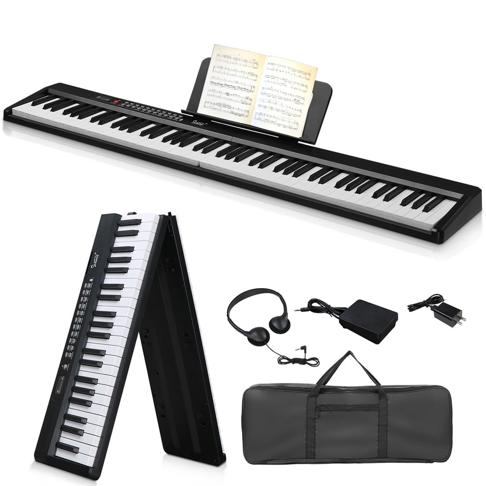 Glarry 88 Key Electronic Keyboard, Folding Semi-Weighted Digital Piano with Handbag, Bluetooth, Headphone, Stereo Speakers and Pedal System, Black