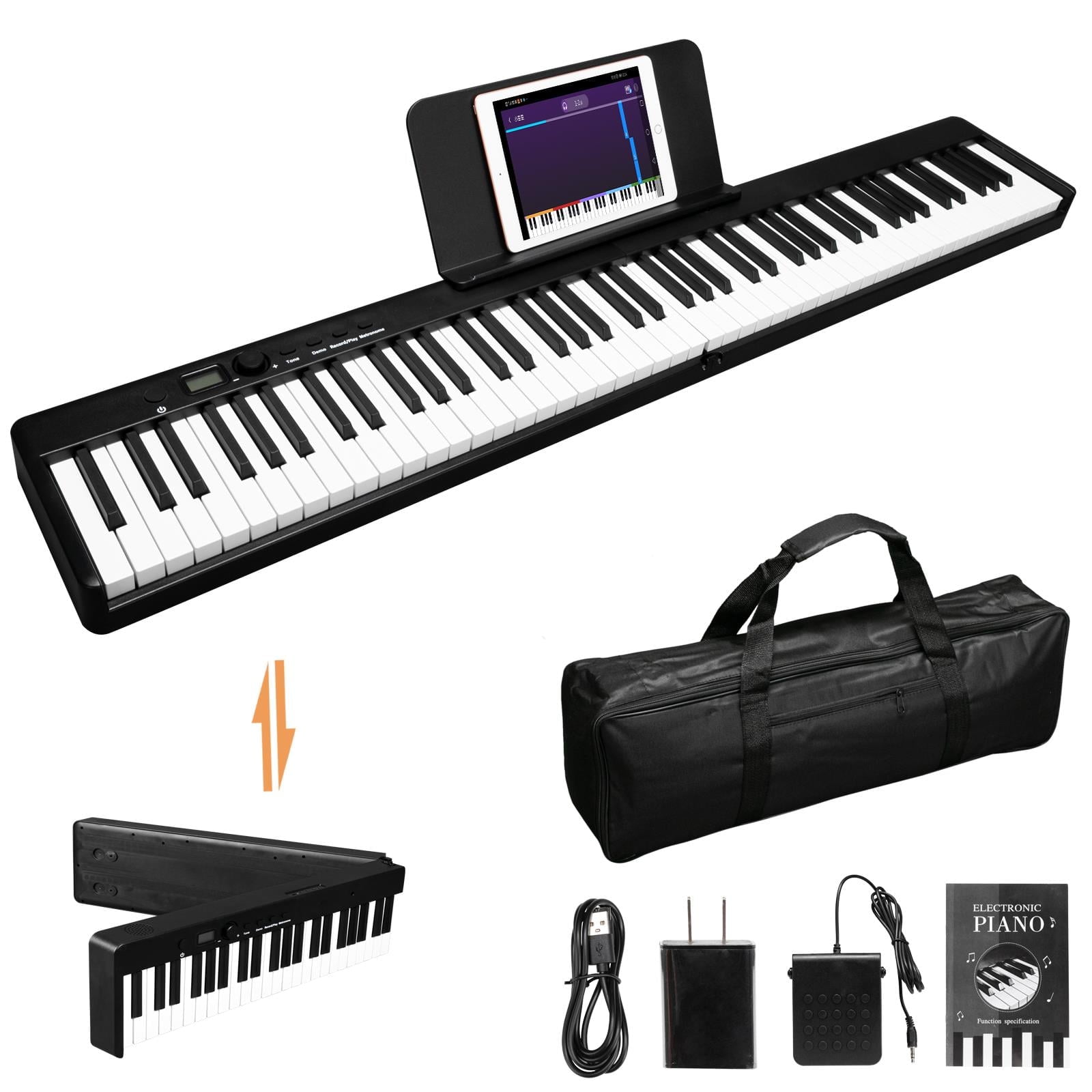 Glarry 88-Key Foldable Digital Electronic Piano Portable Keyboard with Handbag, Bluetooth, Black