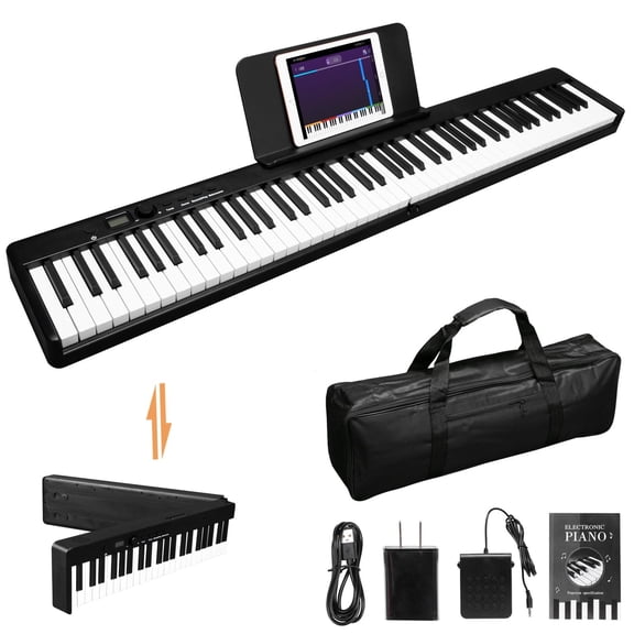 Glarry 88-Key Foldable Digital Electronic Piano Portable Keyboard with Handbag, Bluetooth, Black