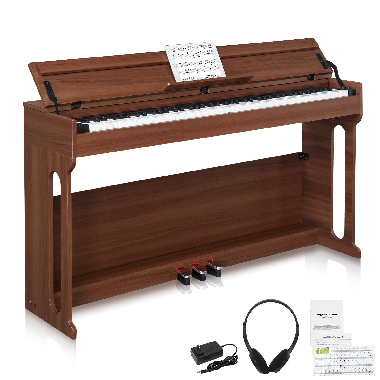 Glarry 88 Key Full Weighted Digital Piano with Furniture Stand, Audio and MIDI Bluetooth, Triple Pedals, Headphone, for All Levels Beginner Dark Brown