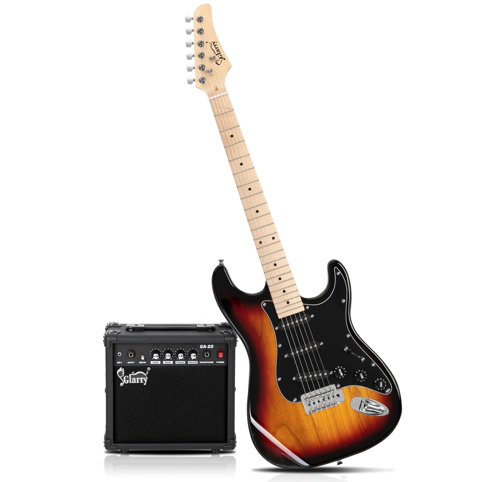 Glarry Beginner Electric Guitar Kit for Starter with 20Watt Amplifier,Bag,Strap,Plectrum,Spanner Tool,Wire,Tremolo Bar,Sunset/Brown