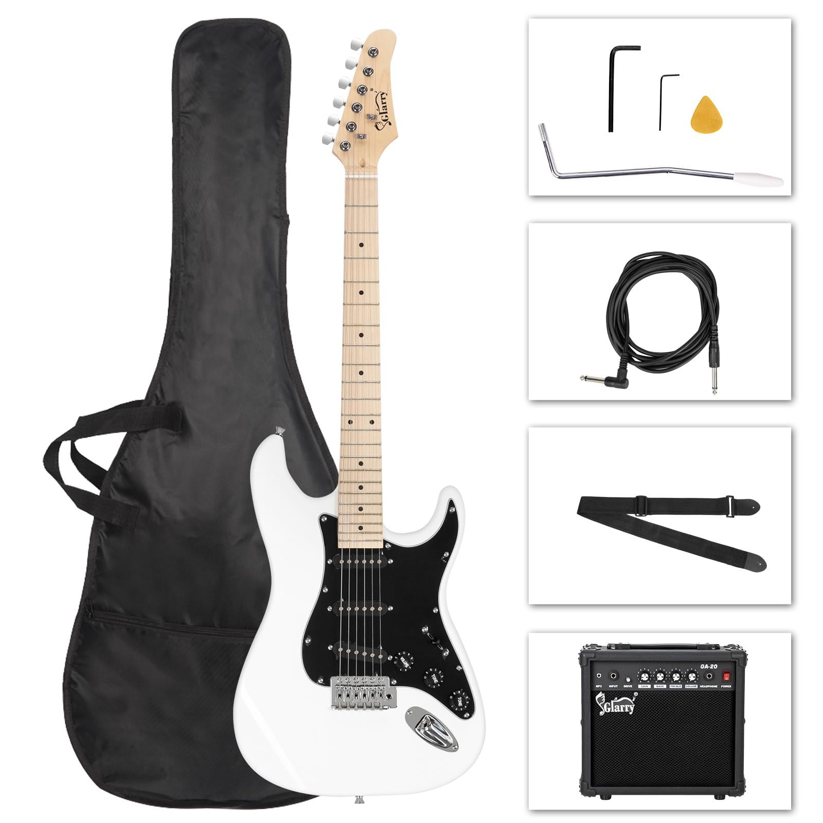 Glarry Beginner Electric Guitar Kit for Starter with 20Watt Amplifier Bag Strap Plectrum Spanner Tool Wire Tremolo Bar White