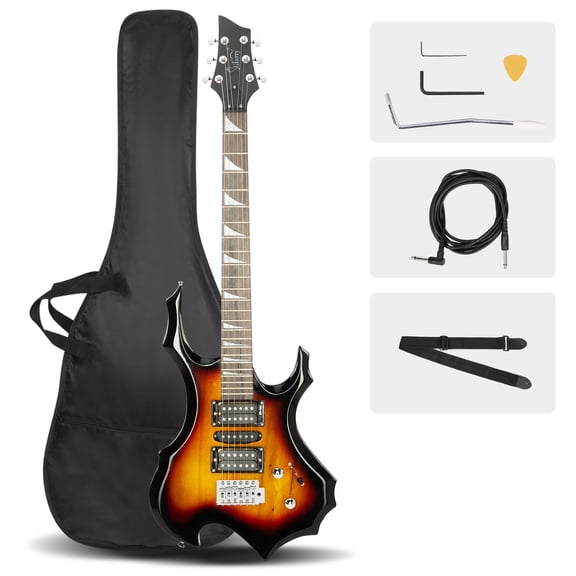 Glarry Burning Fire Beginner Electric Guitar Kit w/ Accessories for Beginner, Brown