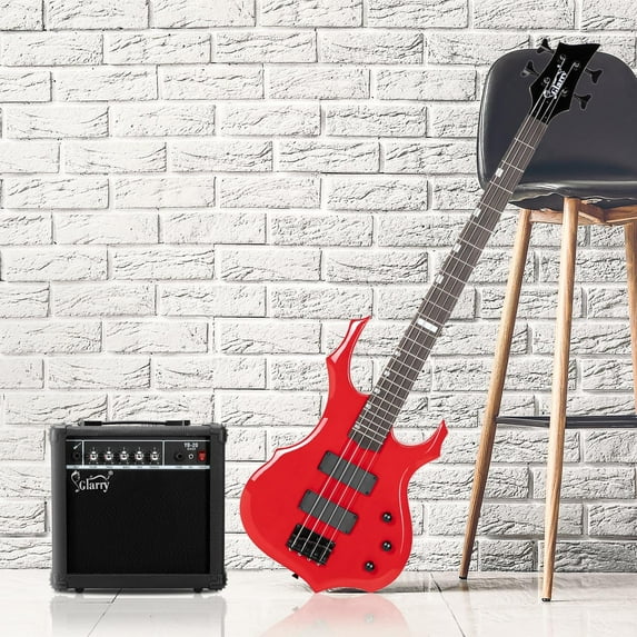 Glarry Electric Bass Guitar 4 String Burning Fire Style Guitar for Beginner,Red