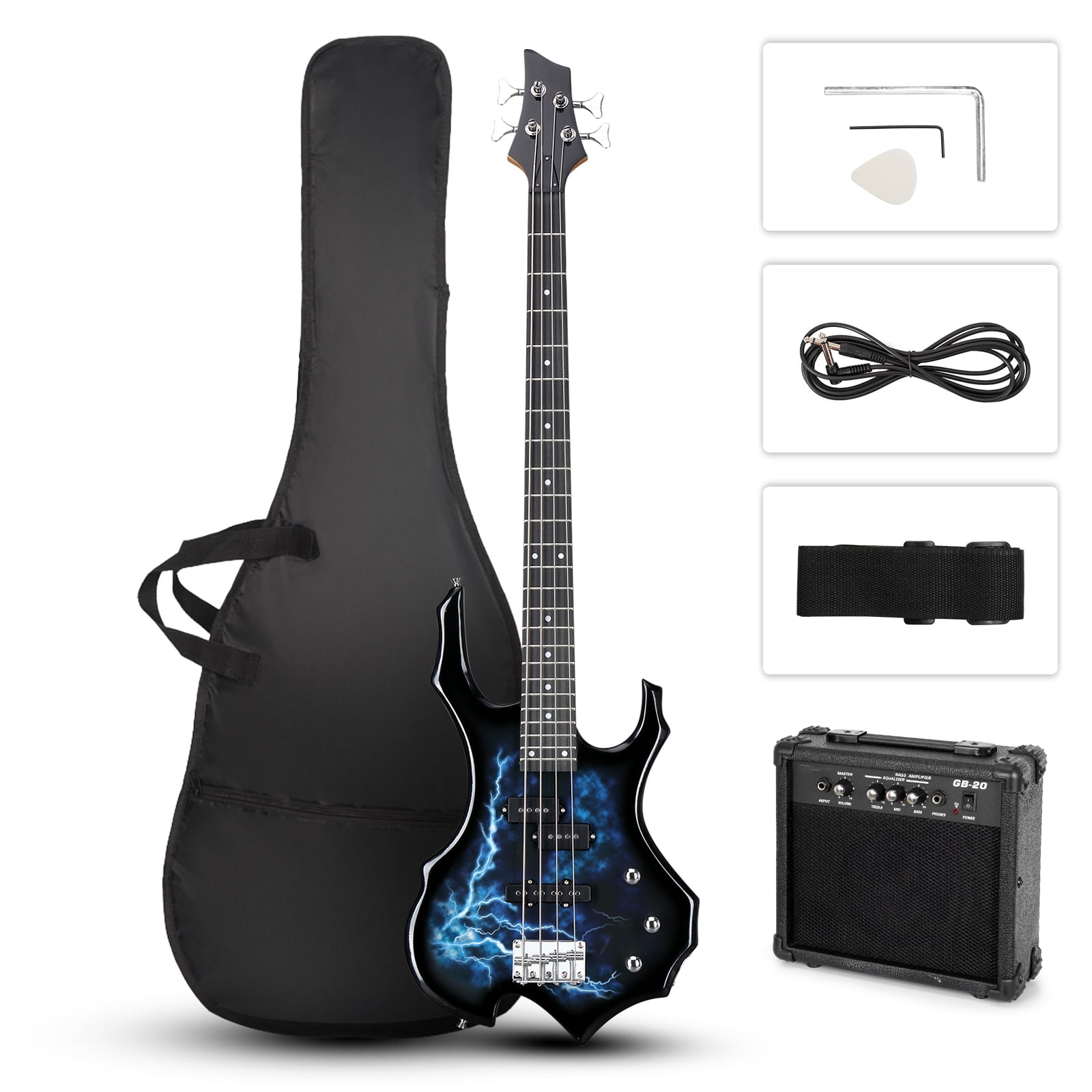 Glarry Full Size 4 String Electric Bass Guitar Burning Fire Tiger Stripe with SS Pickups and Amp, Blue