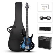 Glarry Full Size 4 String Electric Bass Guitar Burning Fire Tiger Stripe with SS Pickups and Amp, Blue