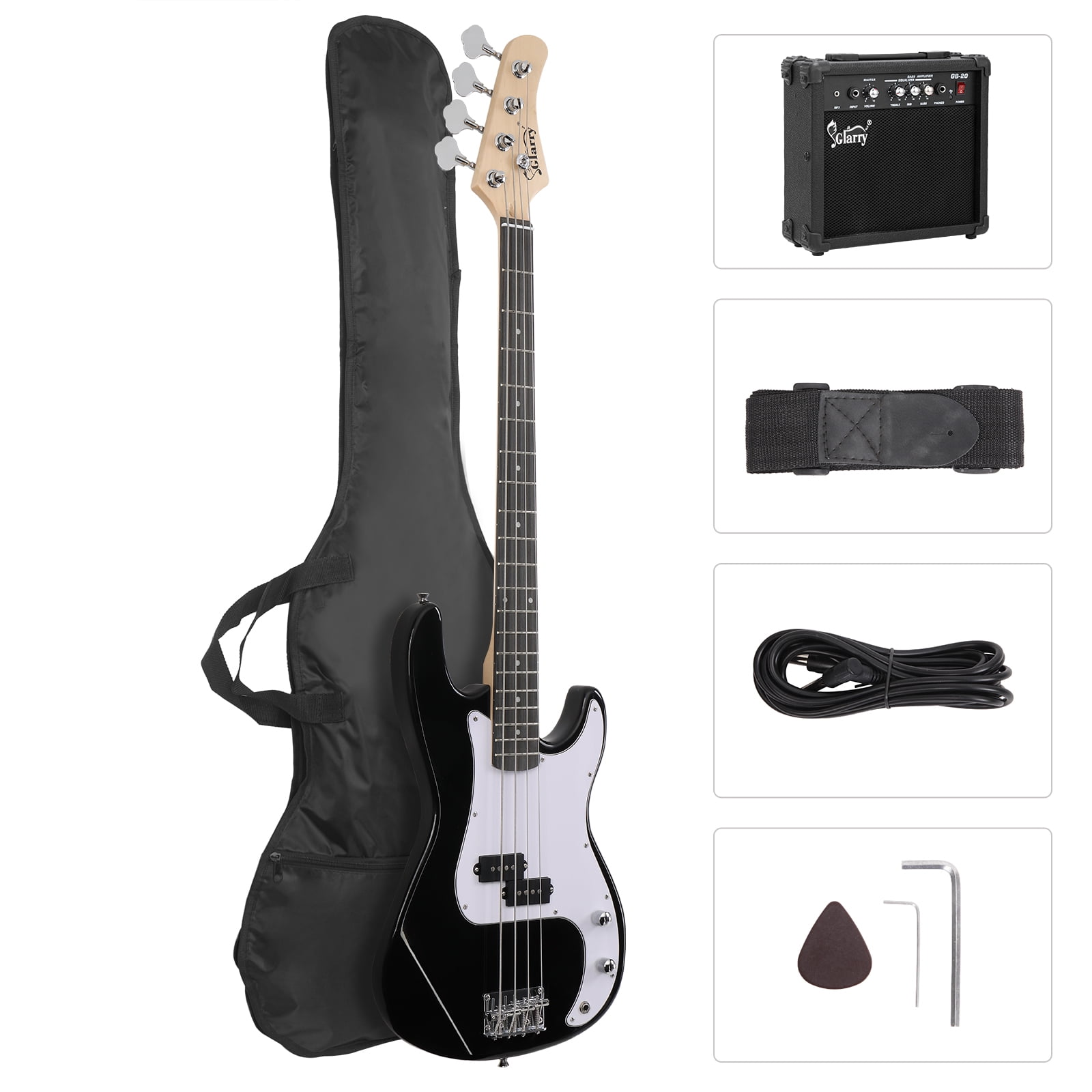 Glarry Full Size Electric Bass Guitar with 20W AMP, for Beginner , White and Black
