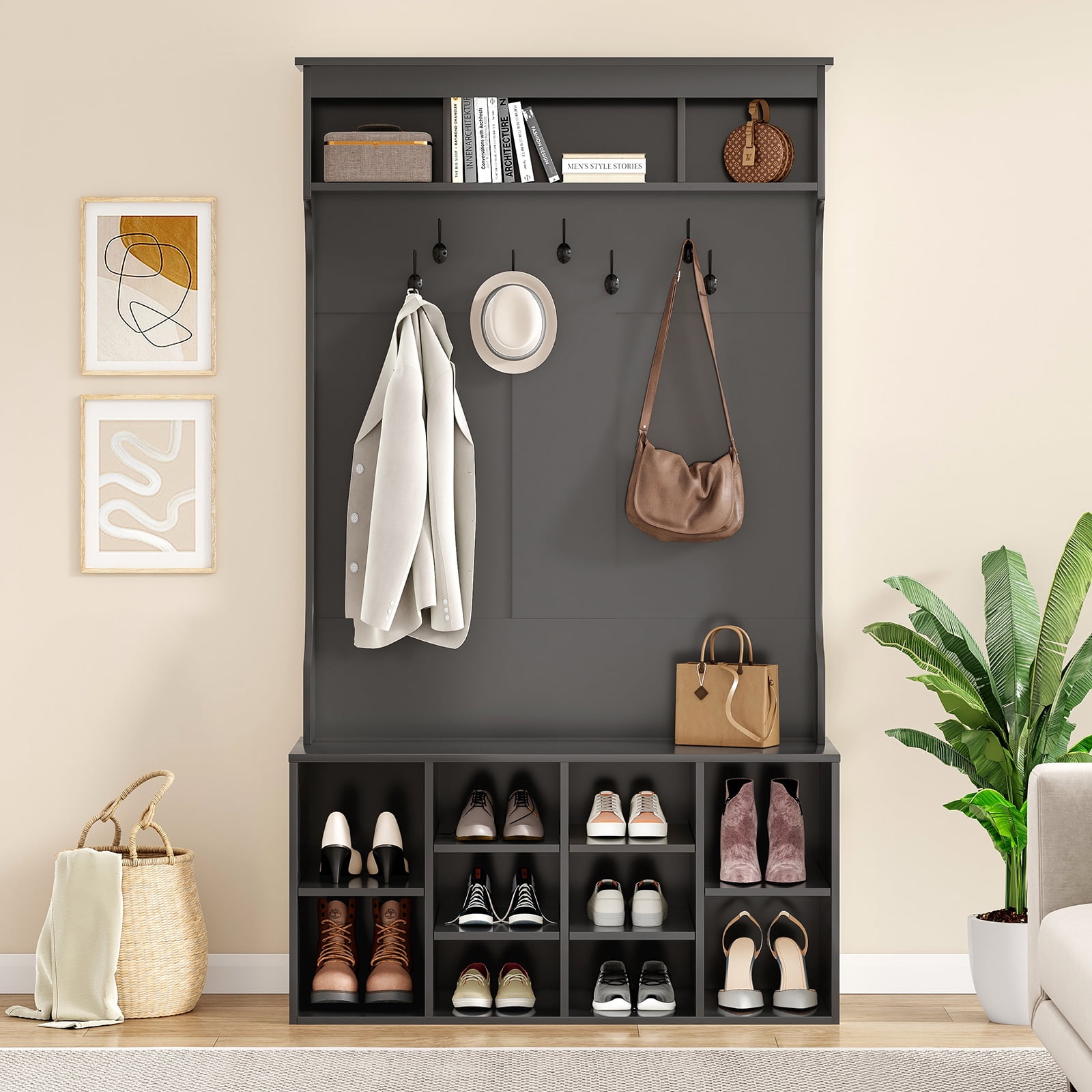 GlasFlength Cabinet Hall Tree with0 Bench 7 Coat Racks and Shoe Storage ...