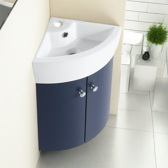 GlasFlength Corner Bathroom Vanity Sink Combo ,Space-Saving Wall-Mounted bathroom sink with Navy Resin Basin , Chrome Faucet,Idea for Small Bathrooms and Powder Rooms