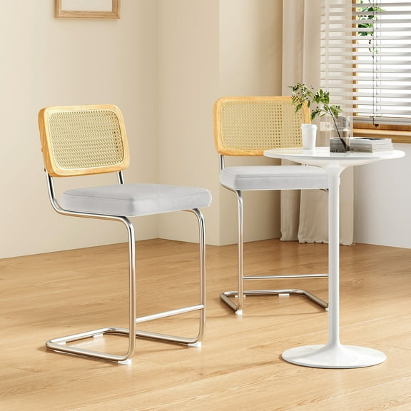 GlasFlength Dining Furniture Sets 2 Counter Height Bar Stools 30 Inch Upholstered Velvet with Rattan Back for Kitchen Island, Light Gray