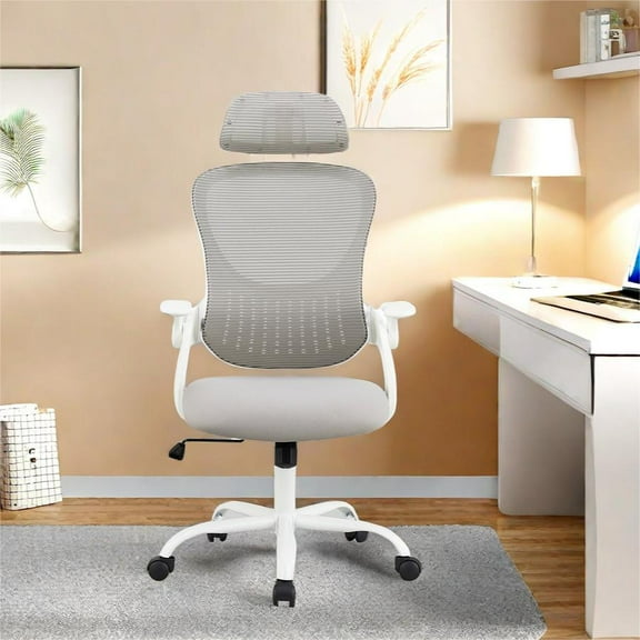 GlasFlength Ergonomic Office Chair W/ Back Support, Mesh High Back Big and Tall Desk Chair with Adjustable Headrest & Flip-Up Arms, Comfy Rolling Swivel Computer Task Chair with Wheels, Grey