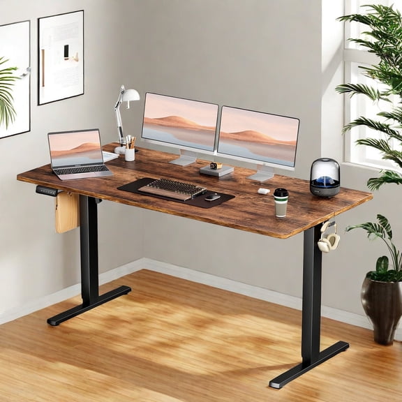 GlasFlength Ergonomic Standing Desk, Height Adjustable Electric Computer Desk with Control Panel & Headphone Hook, Modern Gaming Desk for Home Office, Height 28.7''-48'', Brown/63Inches