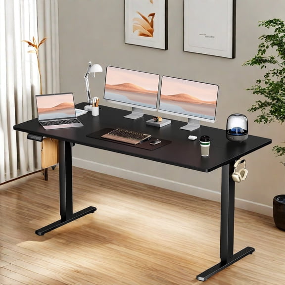GlasFlength Ergonomic Standing Desk, Height Adjustable Electric Computer Desk with Control Panel & Headphone Hook, Modern Gaming Desk for Home Office, Height 28.7''-48'', Black/63Inches