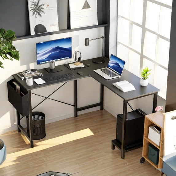 GlasFlength L Shaped Gaming Desk, 49 Inch Reversible L-Shaped Standing Desk with CPU Storage Shelf & Side Bag, Wooden Corner Computer Table for Home Office, Black 49Inches