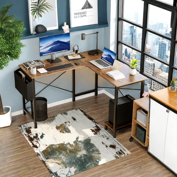 GlasFlength L Shaped Gaming Desk, 49 Inch Reversible L-Shaped Standing Desk with CPU Storage Shelf & Side Bag, Wooden Corner Computer Table for Home Office, Rustic 49Inches