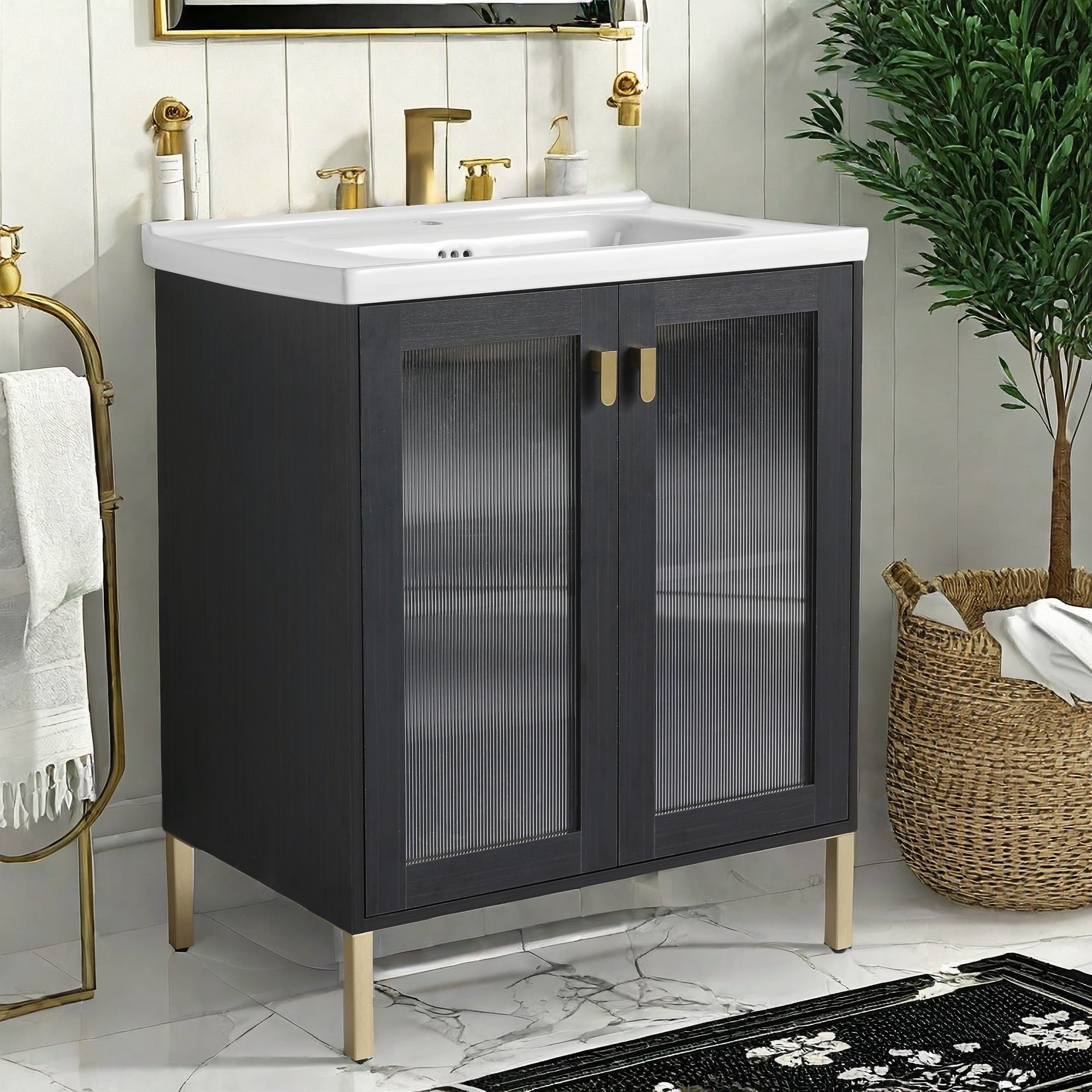 GlasFlength Modern Bathroom Vanity with Sink ,Freestanding Black ...