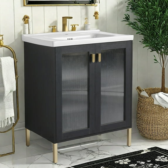 GlasFlength Modern Bathroom Vanity with Sink ,Freestanding Black Cabinet for Elegant Bathroom Storage with great & Water-Resistant Design for Small Room(28")