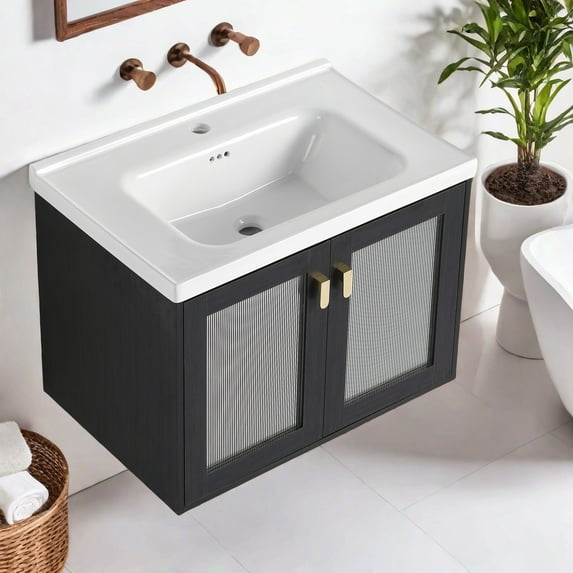 GlasFlength Modern Bathroom Vanity with Sink ,Freestanding Black Cabinet for Elegant Bathroom Storage with great & Water-Resistant Design for Small Room(28")
