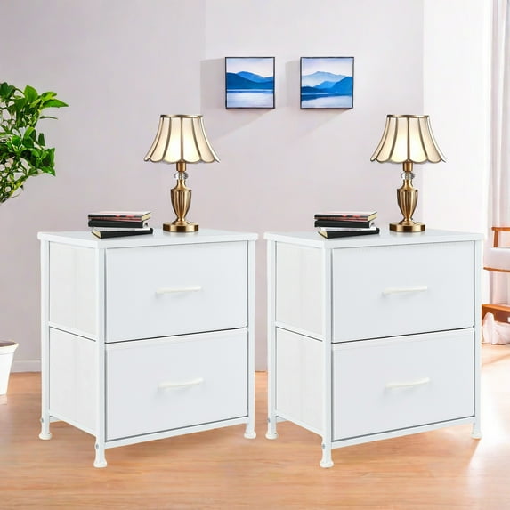 GlasFlength Nightstand for Bedrooms Set of 2, Farmhouse Bedside Table w/ 2 Fabric Drawers, Small End Tables Storage Organizer with Wood Top for Kids Room Dorm Closet, White/2BC 2-Pack