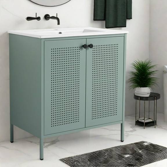 GlasFlength Stylish Bathroom Vanity Cabinet ,Spacious Storage with Rattan Weaving ,Ideal for Small Bathrooms and Stylish Interiors Contemporary and Mid-Century Decor(30")