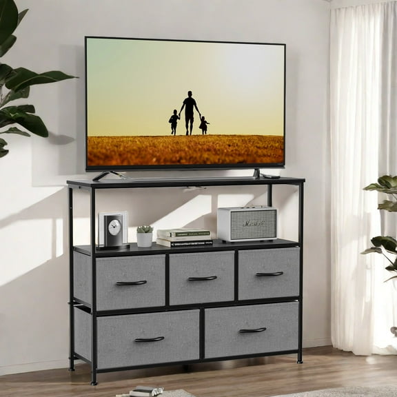 GlasFlength TV Stand for 45 In Television, Modern Entertainment Center with Fabric Storage, Tower Storage Cabinet Dresser & Chest of 5 Drawers Organizer for Bedroom Living Room Black/TV5BC