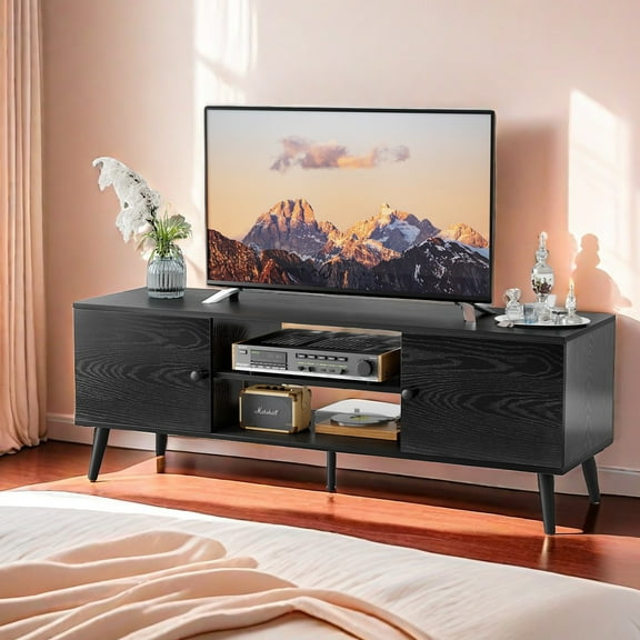 GlasFlength TV Stand for 55 60 Inch, Mid Century Modern Entertainment Center with Storage, Heavy Duty Media Console Table with 2 Cabinet & Wood Feet for Living Room Bedroom Furniture, Black Wood