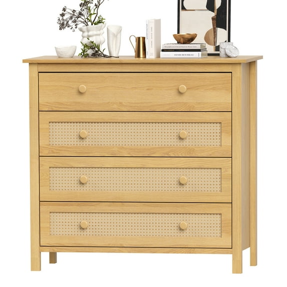 GlasFlength Table 5 Drawer Chest with Woven Rattan Design Modern Storage Solution Free Standing for Living Room Home Office, Brown
