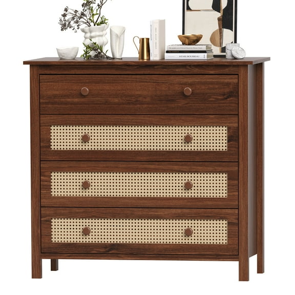 GlasFlength Table 5 Drawer Chest with Woven Rattan Design Modern Storage Solution Free Standing for Living Room Home Office, Walnut