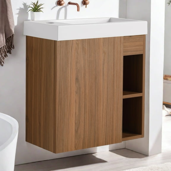 GlasFlength Wall Mounted Bathroom Vanity ,Floating Bathroom Vanity with Soft Close Door & Resin Sink,Stylish Walnut Cabinet for Compact Spaces, Ideal for Small to Medium Bathrooms(20")