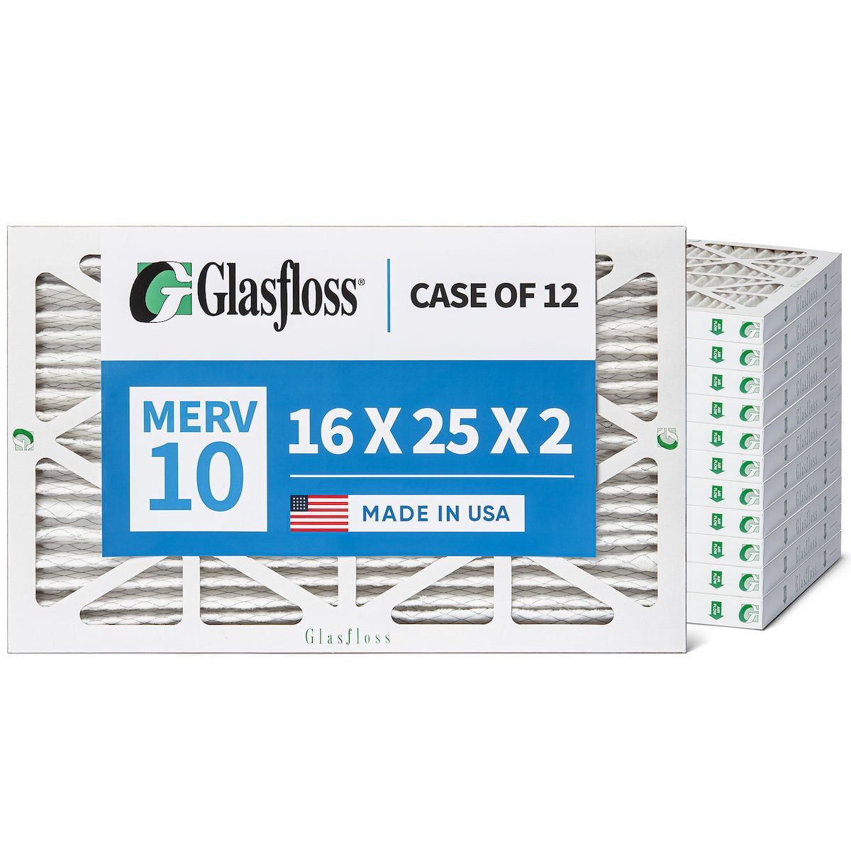 12 Pack of 16x25x2 MERV 10 Pleated 2" Inch Air Filters by Glasfloss. Actual Size: 15-1/2 x 24-1/2 x 1-3/4