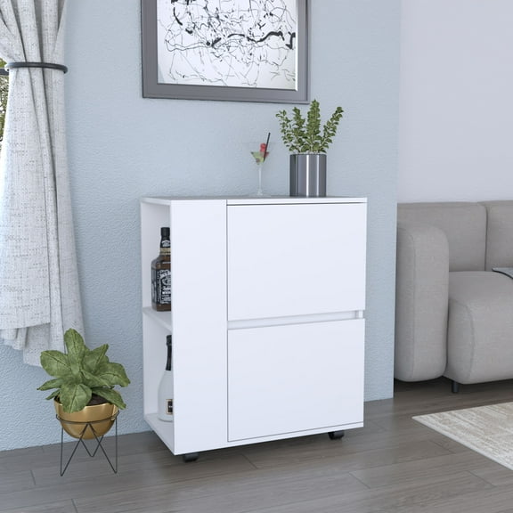 Glasgow Bar Cart: Modern Mobile Drink Station | 2 Pull-Down Cabinets & 2 Open Shelves | White Engineered Wood | 25.8"W x 14.7"D x 32.2"H | Swivel Wheels w/Brakes | Perfect for Home Bar & Living Space