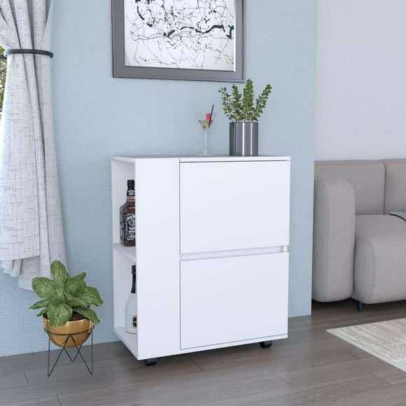Glasgow Bar Cart Two Pull-Down Door Cabinets And Two Open Shelves