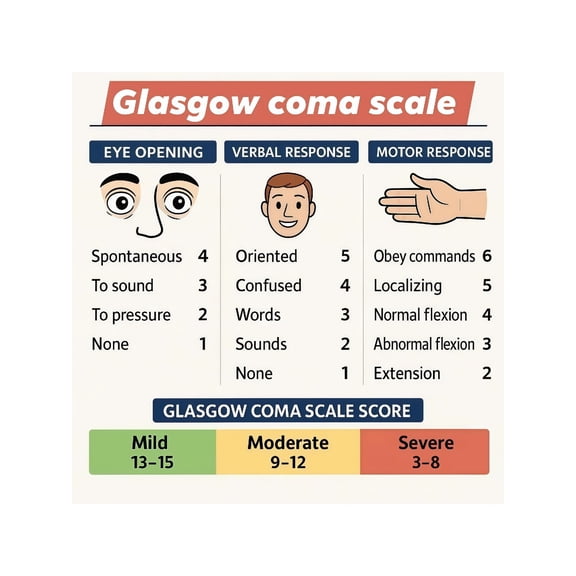 Glasgow Coma Scale GCS Neurological Evaluation Poster Trauma Assessment Chart for Healthcare Professionals Emergency Department Reference