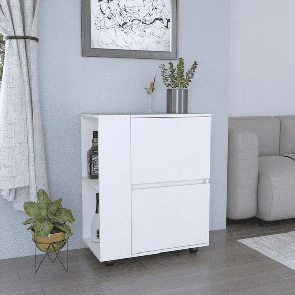 Glasgow Modern Laminated Particle Board Bar Cart - 2 Pull-Down Cabinets & 2 Open Shelves