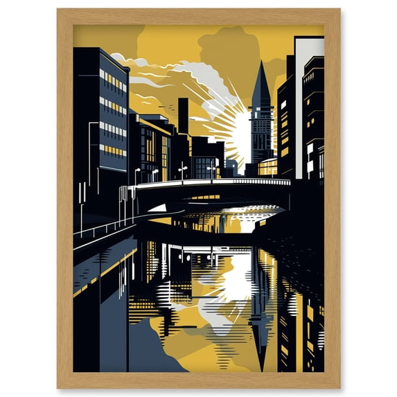 Glasgow Scotland River Cityscape Sunrise Geometric Artwork Framed Wall Art Print A4
