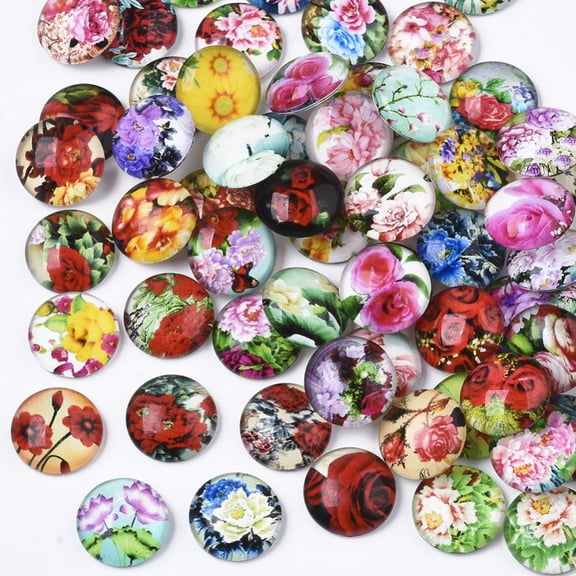 Glass 140 pc Glass Cabochons with Self-Adhesive for DIY Jewelry Making Half Round with Mixed Patterns Flower Pattern 12x4.5mm