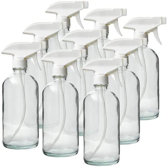Glass 16 oz Spray Bottles | 9-Pack | White Trigger Sprayer, Adjustable