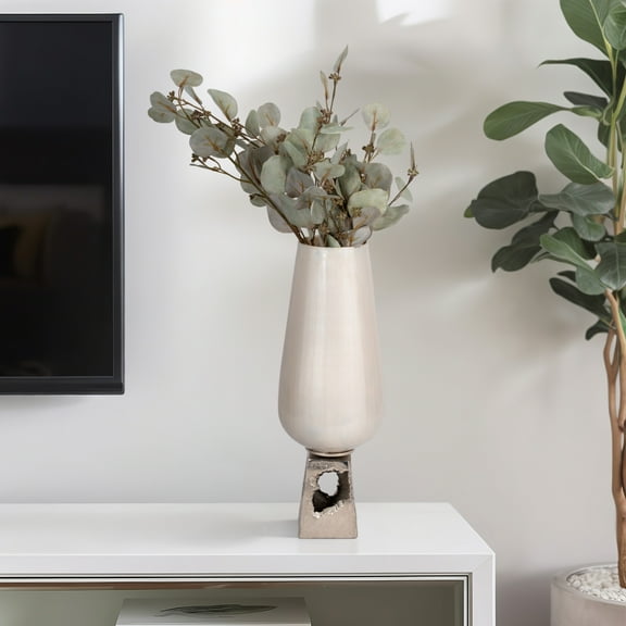 Glass Vase with Metallic Base - Modern Decorative Centerpiece for Flowers - Elegant Finish for Home, Office, Living Room, or Entryway Table Decor - 19" White