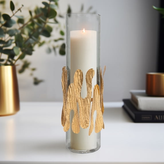 Glass Pillar Candle Holder with Metal Accent - Glam Smoky Decorative Taper Candle Stand for Home, Office, Bedroom, Living Room - 20" Gray