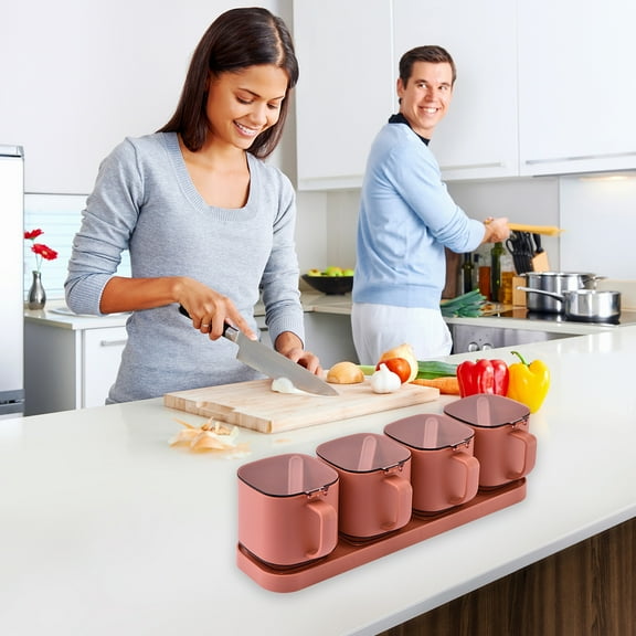 Glass 4-Slot Seasoning Jar with Standing Lid - Spice Container Set with Spoon, Perfect for Salt, MSG & Oils, Essential for Kitchen & Household Storage