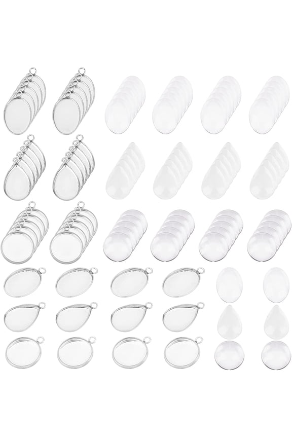 Glass 90 Sets Flat Round & Teardrop & Oval Mixed Styles Tray Pendants Making Kits 304 Stainless Steel Pendant Cabochon Settings and Clear Glass Cabochon for Necklaces Jewelry Making Glass