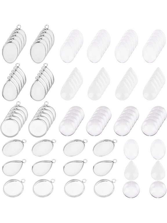 Glass 90 Sets Flat Round & Teardrop & Oval Mixed Styles Tray Pendants Making Kits 304 Stainless Steel Pendant Cabochon Settings and Clear Glass Cabochon for Necklaces Jewelry Making Glass