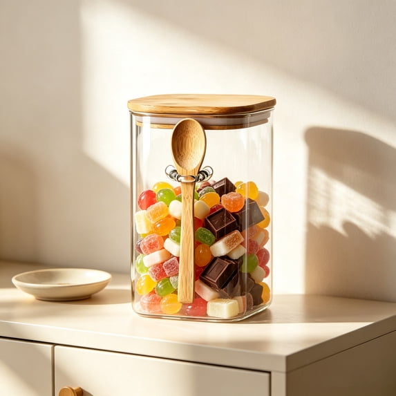 Glass Airtight Food Storage Jar with Bamboo Lid and Wooden Spoon | Square Canister for Coffee Beans, Cookies, Nuts, Grain, Pantry Organizer | Clear Dry Food Container for Kitchen Countertop