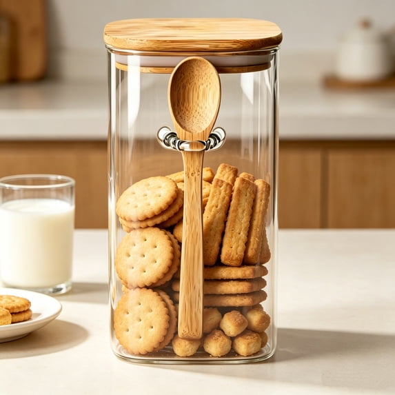 Glass Airtight Food Storage Jar with Bamboo Lid and Wooden Spoon | Square Canister for Coffee Beans, Cookies, Nuts, Grain, Pantry Organizer | Clear Dry Food Container for Kitchen Countertop