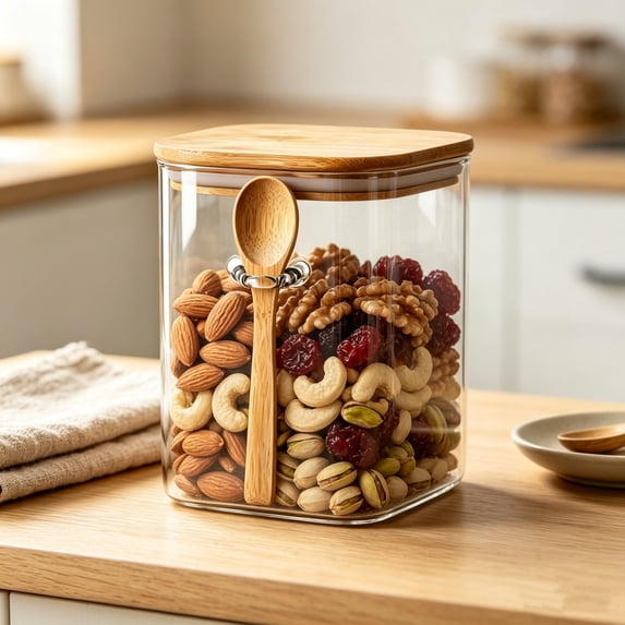 Glass Airtight Food Storage Jar with Bamboo Lid and Wooden Spoon | Square Canister for Coffee Beans, Cookies, Nuts, Grain, Pantry Organizer | Clear Dry Food Container for Kitchen Countertop