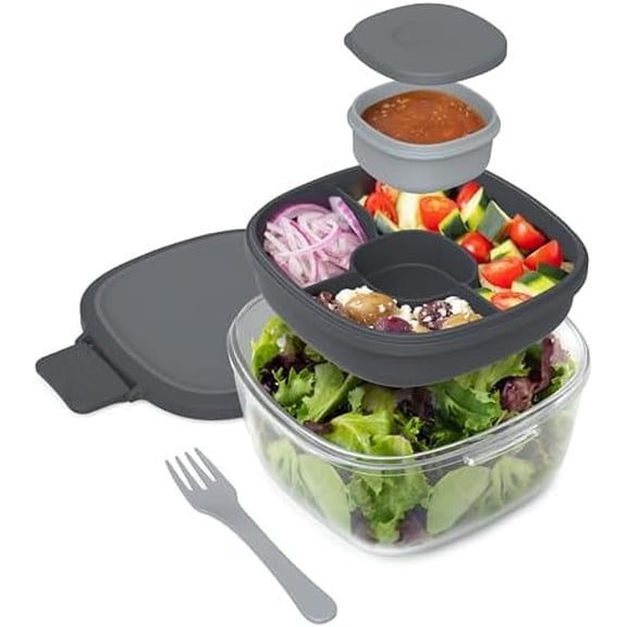 Glass All-in-One Salad Container - Large 61-oz Salad Bowl with Lid, 4-Compartment Bento-Style Tray, 3-oz Sauce Container, and Reusable Fork - Dishwasher, Microwave, and Oven Safe (Dark Gray)